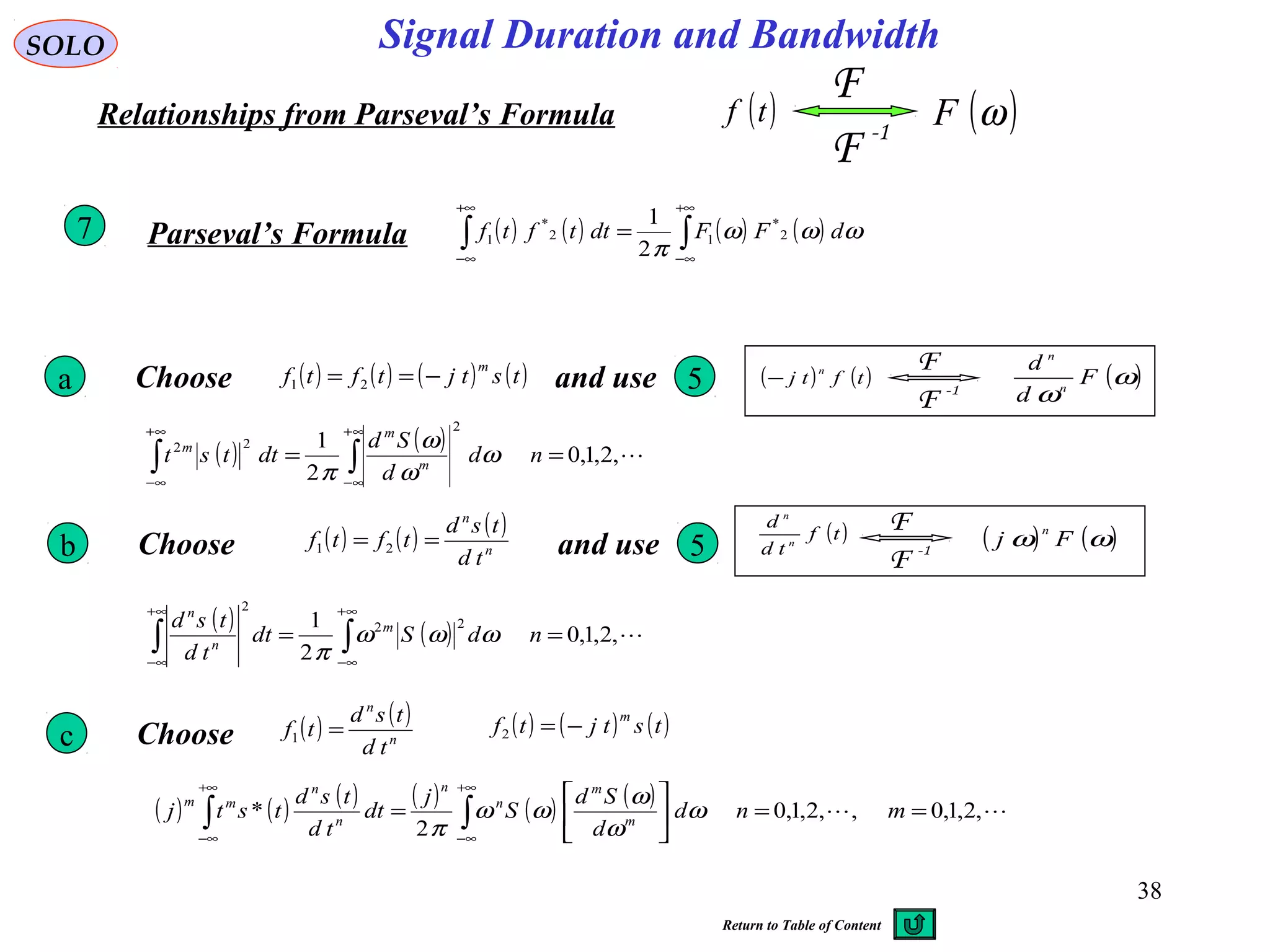 38
Signal Duration and BandwidthSOLO
( )tf
-1
F
F
( )ωFRelationships from Parseval’s Formula
( ) ( ) ( ) ( )∫∫
+∞
∞−
+∞
∞−
= ωωω
π
dFFdttftf 2
*
12
*
1
2
1
Parseval’s Formula7
Choose ( ) ( ) ( ) ( )tstjtftf
m
−== 21
( ) ( ) ,2,1,0
2
1
2
22
== ∫∫
∞+
∞−
∞+
∞−
nd
d
Sd
dttst m
m
m
ω
ω
ω
π
( ) ( )tftj
n
−
-1
F
F ( )ω
ω
F
d
d
n
n
and use 5a
Choose ( ) ( ) ( )
n
n
td
tsd
tftf == 21 and use 5b
( )tf
td
d
n
n
-1
F
F
( ) ( )ωω Fj
n
( ) ( ) ,2,1,0
2
1 22
2
== ∫∫
∞+
∞−
∞+
∞−
ndSdt
td
tsd m
n
n
ωωω
π
Choosec
( ) ( ) ( ) ( ) ( ) ( )  ,2,1,0,,2,1,0
2
* ==





= ∫∫
+∞
∞−
+∞
∞−
mnd
d
Sd
S
j
dt
td
tsd
tstj m
m
n
n
n
n
mm
ω
ω
ω
ωω
π
( ) ( )
n
n
td
tsd
tf =1
( ) ( ) ( )tstjtf
m
−=2
Return to Table of Content
 