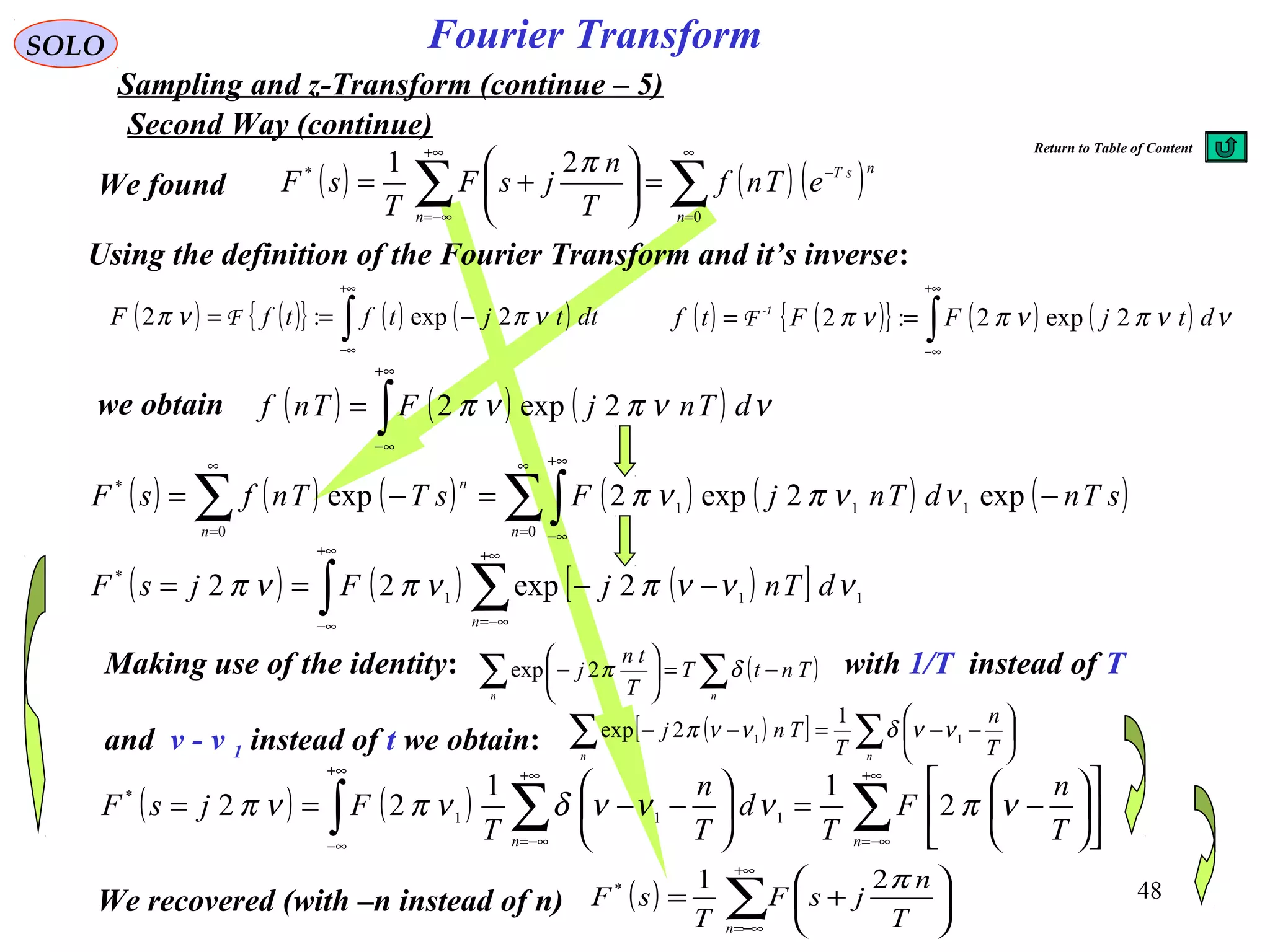 48
Fourier Transform
( ) ( ){ } ( ) ( )∫
+∞
∞−
−== dttjtftfF νπνπ 2exp:2 F
( ) ( ) ( )∑∑
∞
=
−
+∞
−∞=
=





+=
0
* 21
n
nsT
n
eTnf
T
n
jsF
T
sF
π
( ) ( ){ } ( ) ( )∫
+∞
∞−
== ννπνπνπ dtjFFtf 2exp2:2-1
F
SOLO
Sampling and z-Transform (continue – 5)
We found
Using the definition of the Fourier Transform and it’s inverse:
we obtain ( ) ( ) ( )∫
+∞
∞−
= ννπνπ dTnjFTnf 2exp2
( ) ( ) ( ) ( ) ( ) ( )∑∫∑
∞
=
+∞
∞−
∞
=
−=−=
0
111
0
*
exp2exp2exp
nn
n
sTndTnjFsTTnfsF ννπνπ
( ) ( ) ( )[ ]∫ ∑
+∞
∞−
+∞
−∞=
−−== 111
*
2exp22 νννπνπνπ dTnjFjsF
n
( ) ( ) ∑∫ ∑
+∞
−∞=
+∞
∞−
+∞
−∞=












−=





−−==
nn T
n
F
T
d
T
n
T
FjsF νπνννδνπνπ 2
11
22 111
*
We recovered (with –n instead of n) ( ) ∑
+∞
−∞=






+=
n T
n
jsF
T
sF
π21*
Second Way (continue)
Making use of the identity: with 1/T instead of T
and ν - ν 1 instead of t we obtain: ( )[ ] ∑∑ 





−−=−−
nn T
n
T
Tnj 11
1
2exp ννδννπ
( )∑∑ −=





−
nn
TntT
T
tn
j δπ2exp
Return to Table of Content
 