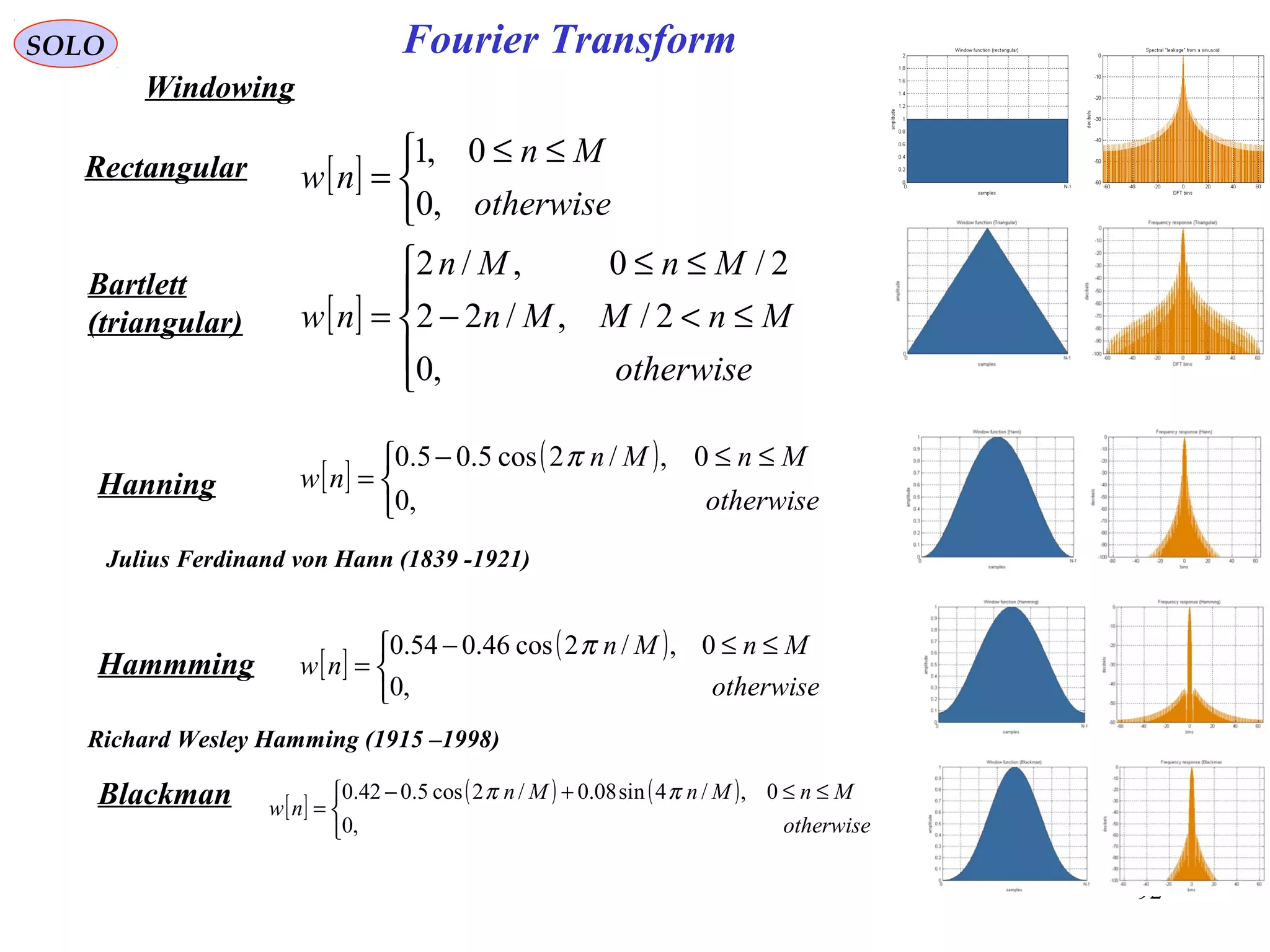 92
Fourier TransformSOLO
Windowing
Rectangular [ ]


 ≤≤
=
otherwise
Mn
nw
,0
0,1
Bartlett
(triangular) [ ]





≤<−
≤≤
=
otherwise
MnMMn
MnMn
nw
,0
2/,/22
2/0,/2
Hanning
Hammming
[ ]
( )


 ≤≤−
=
otherwise
MnMn
nw
,0
0,/2cos5.05.0 π
[ ]
( )


 ≤≤−
=
otherwise
MnMn
nw
,0
0,/2cos46.054.0 π
Blackman [ ]
( ) ( )


 ≤≤+−
=
otherwise
MnMnMn
nw
,0
0,/4sin08.0/2cos5.042.0 ππ
Julius Ferdinand von Hann (1839 -1921)
Richard Wesley Hamming (1915 –1998)
 