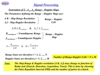 118
SOLO
Signal Processing
Generation of Σ , ΔAz, ΔEl Range – Doppler Maps
The Parameters defining the Range – Doppler Maps are:
Δ R – Map Range Resolution
Δ f – Map Doppler Resolution
RUnambiguous – Unambiguous Range
fUnambiguous – Unambiguous Doppler
Range – Doppler
Cell
Range – Doppler
Map
f
f
M
R
R
N
sunambiguousunambiguou
∆
=
∆
= &
Range Gates are therefore i = 1, 2, …, N
Number of Range-Doppler Cells = N x M
Doppler Gates are therefore j = 1, 2, …, M
Note: The Map Range & Doppler resolution (Δ R, Δ f) may change as function of
Radar task (Search, Detection, Acquisition, Track). This is done by choosing
the Pulse Repetition Interval (PRI) and the number of pulses in a batch.
resolutionresolution ffRR ≥∆≥∆ &
 