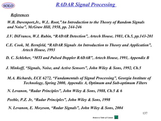 137
SOLO
References
J.V. DiFranco, W.I. Rubin, “RADAR Detection”, Artech House, 1981, Ch.5, pp.143-201
C.E. Cook, M. Bernfeld, “RADAR Signals An Introduction to Theory and Application”,
Artech House, 1993
D. C. Schleher, “MTI and Pulsed Doppler RADAR”, Artech House, 1991, Appendix B
J. Minkoff, “Signals, Noise, and Active Sensors”, John Wiley & Sons, 1992, Ch.5
M.A. Richards, ECE 6272, “Fundamentals of Signal Processing”, Georgia Institute of
Technology, Spring 2000, Appendix A, Optimum and Sub-optimum Filters
W.B. Davenport,Jr., W.L. Root,”An Introduction to the Theory of Random Signals
and Noise”, McGraw Hill, 1958, pp. 244-246
N. Levanon, “Radar Principles”, John Wiley & Sons, 1988, Ch.5 & 6
Peeble, P.Z. Jr, “Radar Principles”, John Wiley & Sons, 1998
RADAR Signal Processing
N. Levanon, E. Mozeson, “Radar Signals”, John Wiley & Sons, 2004
Return to Table of Content
 