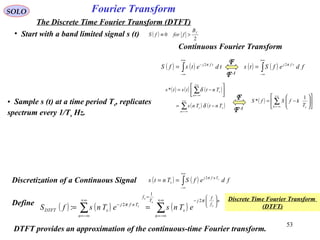 53
Fourier TransformSOLO
The Discrete Time Fourier Transform (DTFT)
• Start with a band limited signal s (t) ( )
2
0
fB
fforfS >≡
• Sample s (t) at a time period Ts, replicates
spectrum every 1/Ts Hz.
( ) 











−= ∑
∞+
−∞=k sT
kfSfS
1
*
( ) ( ) ( )
( ) ( )∑
∑
∞+
−∞=
+∞
−∞=
−=






−=
n
ss
n
s
TntTns
Tnttsts
δ
δ*
( ) ( )∫
+∞
∞−
−
= tdetsfS tfj π2
( ) ( )∫
+∞
∞−
= fdefSts tfj π2F
F-1
Continuous Fourier Transform
F
F-1
Discretization of a Continuous Signal ( ) ( )∫
+∞
∞−
== fdefSTnts sTnfj
s
π2
( ) ( ) ( )∑∑
∞+
−∞=






−
=
∞+
−∞=
−
==
n
n
f
f
j
s
T
f
n
Tnfj
sDTFT
s
s
s
s
eTnseTnsfS
π
π
2
1
2
:
DTFT provides an approximation of the continuous-time Fourier transform.
Discrete Time Fourier Transform
(DTFT)
Define
 