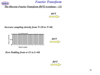 70
Fourier TransformSOLO
The Discrete Fourier Transform (DFT) (continue – 13)
Increase sampling density from N=20 to N=60.
0
0.5
1
0
60 - SAMPLE PULSE
Signal sample
Signalamplitude
5 10 15 20 25 30 35 40 45 50 55 60
Zero Padding from n=21 to L=60.
DFT
DFT
DFT
 
