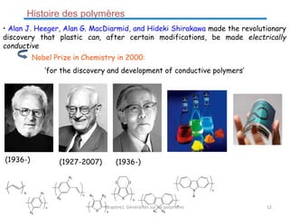 • Alan J. Heeger, Alan G. MacDiarmid, and Hideki Shirakawa made the revolutionary
discovery that plastic can, after certain modifications, be made electrically
conductive
Nobel Prize in Chemistry in 2000:
‘for the discovery and development of conductive polymers’
(1936-) (1927-2007) (1936-)
n R1
R2
n
R1
R2
n
S
R2
R1
n
S
O
O
n
R2
R1
n
N
R
n
Histoire des polymères
Chapitre1: Généralités sur les polymères 12
 