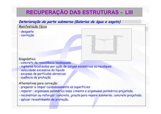 RECUPERAÇÃO DAS ESTRUTURAS - LIII
Deterioração da parte submersa (Galerias de água e esgoto)
Manifestação típica
- desgaste
- cavitação




Diagnóstico:
- concreto de resistência inadequada
- rupturas localizadas por ação de cargas excessivas ou recalques
- velocidade excessiva do líquido
- excesso de partículas abrasivas
- ausência de proteção
Alternativas para correção:
- preparar e limpar cuidadosamente as superfícies
- reparar : argamassa polimérica base cimento e argamassa polimérica projetada.
- reconstruir ou reforçar: concreto, graute para reparo submerso, concreto projetado.
- aplicar revestimento de proteção.
 