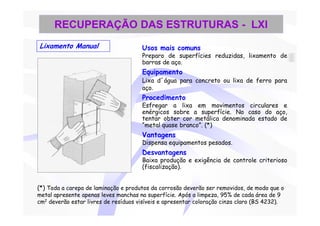 RECUPERAÇÃO DAS ESTRUTURAS - LXI
Lixamento Manual                       Usos mais comuns
                                       Preparo de superfícies reduzidas, lixamento de
                                       barras de aço.
                                       Equipamento
                                       Lixa d´água para concreto ou lixa de ferro para
                                       aço.
                                       Procedimento
                                       Esfregar a lixa em movimentos circulares e
                                       enérgicos sobre a superfície. No caso do aço,
                                       tentar obter cor metálica denominada estado de
                                       “metal quase branco”. (*)
                                       Vantagens
                                       Dispensa equipamentos pesados.
                                       Desvantagens
                                       Baixa produção e exigência de controle criterioso
                                       (fiscalização).


(*) Toda a carepa de laminação e produtos da corrosão deverão ser removidos, de modo que o
metal apresente apenas leves manchas na superfície. Após a limpeza, 95% de cada área de 9
cm2 deverão estar livres de resíduos visíveis e apresentar coloração cinza claro (BS 4232).
 