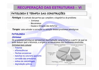 RECUPERAÇÃO DAS ESTRUTURAS - VI
PATOLOGIA E TERAPIA DAS CONSTRUÇÕES
Patologia é o estudo das partes que compõem o diagnóstico do problema
                  - Sintomas
                  - Mecanismos
                  - Causas e Origens dos defeitos
Terapia cabe estudar a correção e a solução desses problemas patológicos

PATOLOGIA
Sintomas
Os problemas patológicos apresentam manifestação característica a partir do qual se
pode deduzir qual a natureza, a origem e os mecanismos dos fenômenos envolvidos.
Sintomas mais comuns:
 - fissuras
 - eflorescências
 - flechas excessivas
 - manchas no concreto aparente
 - corrosão das armaduras
 - ninhos de concretagem
 - degradação química
 