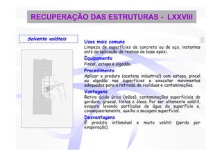 RECUPERAÇÃO DAS ESTRUTURAS - LXXVIII

Solvente voláteis
                    Usos mais comuns
                    Limpeza de superfícies de concreto ou de aço, instantes
                    ants da aplicação de resinas de base epóxi.
                    Equipamento
                    Pincel, estopa e algodão.
                    Procedimento
                    Aplicar o produto (acetona industrial) com estopa, pincel
                    ou algodão nas superfícies e executar movimentos
                    adequados para a retirada de resíduos e contaminações.
                    Vantagens
                    Retira ácido úrico (mãos), contaminações superficiais de
                    gordura, graxas, tintas e óleos. Por ser altamente volátil,
                    evapora levando partículas de água da superfície e,
                    conseqüentemente, auxilia a secagem superficial.
                    Desvantagens
                    È produto inflamável        e   muito   volátil   (perda   por
                    evaporação).
 