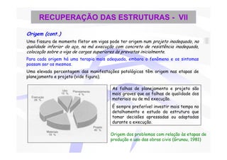 RECUPERAÇÃO DAS ESTRUTURAS - VII

Origem (cont.)
Uma fissura de momento fletor em vigas pode ter origem num projeto inadequado, na
qualidade inferior do aço, na má execução com concreto de resistência inadequada,
colocação sobre a viga de cargas superiores às previstas inicialmente.
Para cada origem há uma terapia mais adequada, embora o fenômeno e os sintomas
possam ser os mesmos.
Uma elevada percentagem das manifestações patológicas têm origem nas etapas de
planejamento e projeto (vide figura).

                                        As falhas de planejamento e projeto são
                                        mais graves que as falhas de qualidade dos
                                        materiais ou de má execução.
                                        É sempre preferível investir mais tempo no
                                        detalhamento e estudo da estrutura que
                                        tomar decisões apressadas ou adaptadas
                                        durante a execução.

                                       Origem dos problemas com relação às etapas de
                                       produção e uso das obras civis (Grunau, 1981)
 