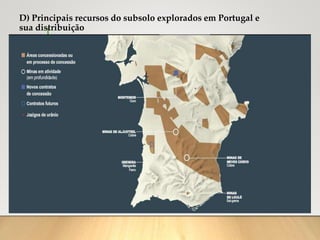 D) Principais recursos do subsolo explorados em Portugal e
sua distribuição
 