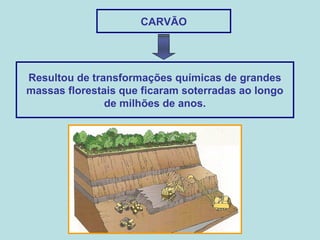 CARVÃO
Resultou de transformações químicas de grandes
massas florestais que ficaram soterradas ao longo
de milhões de anos.
 