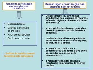 Vantagens da utilização
das energias não
renováveis
• Energia barata
• Grande densidade
energética
• Fácil de transportar
• Fácil de armazenar
Desvantagens da utilização das
energias não renováveis
• O esgotamento ou diminuição
significativa das reservas de recursos
minerais origina problemas sociais e
económicos.
• a destruição da paisagem natural e a
poluição provocadas pela indústria
extractiva.
• os desastres ambientais que tantas
vezes ocorrem durante o transporte,
sobretudo do petróleo.
• a poluição atmosférica e a
contaminação das águas e dos solos
associadas ao consumo de
combustíveis .
• a radioactividade dos resíduos
resultantes da produção de energia
nuclear.
• Análise do quadro resumo
fornecido pela professora
 