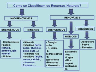 Como se Classificam os Recursos Naturais?
NÃO RENOVÁVEIS RENOVÁVEIS
MINERAISENERGÉTICOS ENERGÉTICOS
HÍDRICOS
BIOLÓGICOS
- Combustíveis
Fósseis
(carvão,
petróleo, gás
natural)
- Urânio
- Minerais
metálicos (ferro,
cobre, alumínio,
prata, ouro…)
- Minerais não
metálicos (argila,
areias, calcário,
mármores,
fosfatos…)
- Energia
solar
- E. eólica
-E.
hidroeléctrica
-E.
geotérmica
-Biomassa
- Maremotriz
Existentes
nos:
- Lagos
- Rios
- águas
subterrâne
as
-Agricultura
- Pesca
- Florestas
 