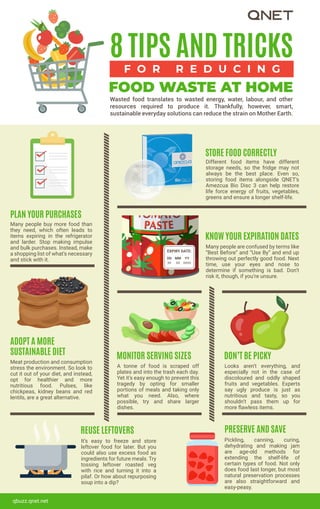 8 TIPS AND TRICKS
FOOD WASTE AT HOME
F O R R E D U C I N G
Wasted food translates to wasted energy, water, labour, and other
resources required to produce it. Thankfully, however, smart,
sustainable everyday solutions can reduce the strain on Mother Earth.
PLAN YOUR PURCHASES
Many people buy more food than
they need, which often leads to
items expiring in the refrigerator
and larder. Stop making impulse
and bulk purchases. Instead, make
a shopping list of what’s necessary
and stick with it.
ADOPT A MORE
SUSTAINABLE DIET
Meat production and consumption
stress the environment. So look to
cut it out of your diet, and instead,
opt for healthier and more
nutritious food. Pulses, like
chickpeas, kidney beans and red
lentils, are a great alternative.
MONITOR SERVING SIZES
A tonne of food is scraped off
plates and into the trash each day.
Yet it’s easy enough to prevent this
tragedy by opting for smaller
portions of meals and taking only
what you need. Also, where
possible, try and share larger
dishes.
DON’T BE PICKY
Looks aren’t everything, and
especially not in the case of
discoloured and oddly shaped
fruits and vegetables. Experts
say ugly produce is just as
nutritious and tasty, so you
shouldn’t pass them up for
more ﬂawless items.
STORE FOOD CORRECTLY
Different food items have different
storage needs, so the fridge may not
always be the best place. Even so,
storing food items alongside QNET’s
Amezcua Bio Disc 3 can help restore
life force energy of fruits, vegetables,
greens and ensure a longer shelf-life.
KNOW YOUR EXPIRATION DATES
Many people are confused by terms like
“Best Before” and “Use By” and end up
throwing out perfectly good food. Next
time, use your eyes and nose to
determine if something is bad. Don’t
risk it, though, if you’re unsure.
REUSE LEFTOVERS
It’s easy to freeze and store
leftover food for later. But you
could also use excess food as
ingredients for future meals. Try
tossing leftover roasted veg
with rice and turning it into a
pilaf. Or how about repurposing
soup into a dip?
PRESERVE AND SAVE
Pickling, canning, curing,
dehydrating and making jam
are age-old methods for
extending the shelf-life of
certain types of food. Not only
does food last longer, but most
natural preservation processes
are also straightforward and
easy-peasy.
EXPIRY DATE:
xx
DD
xx
MM
xxxx
YY
qbuzz.qnet.net
 