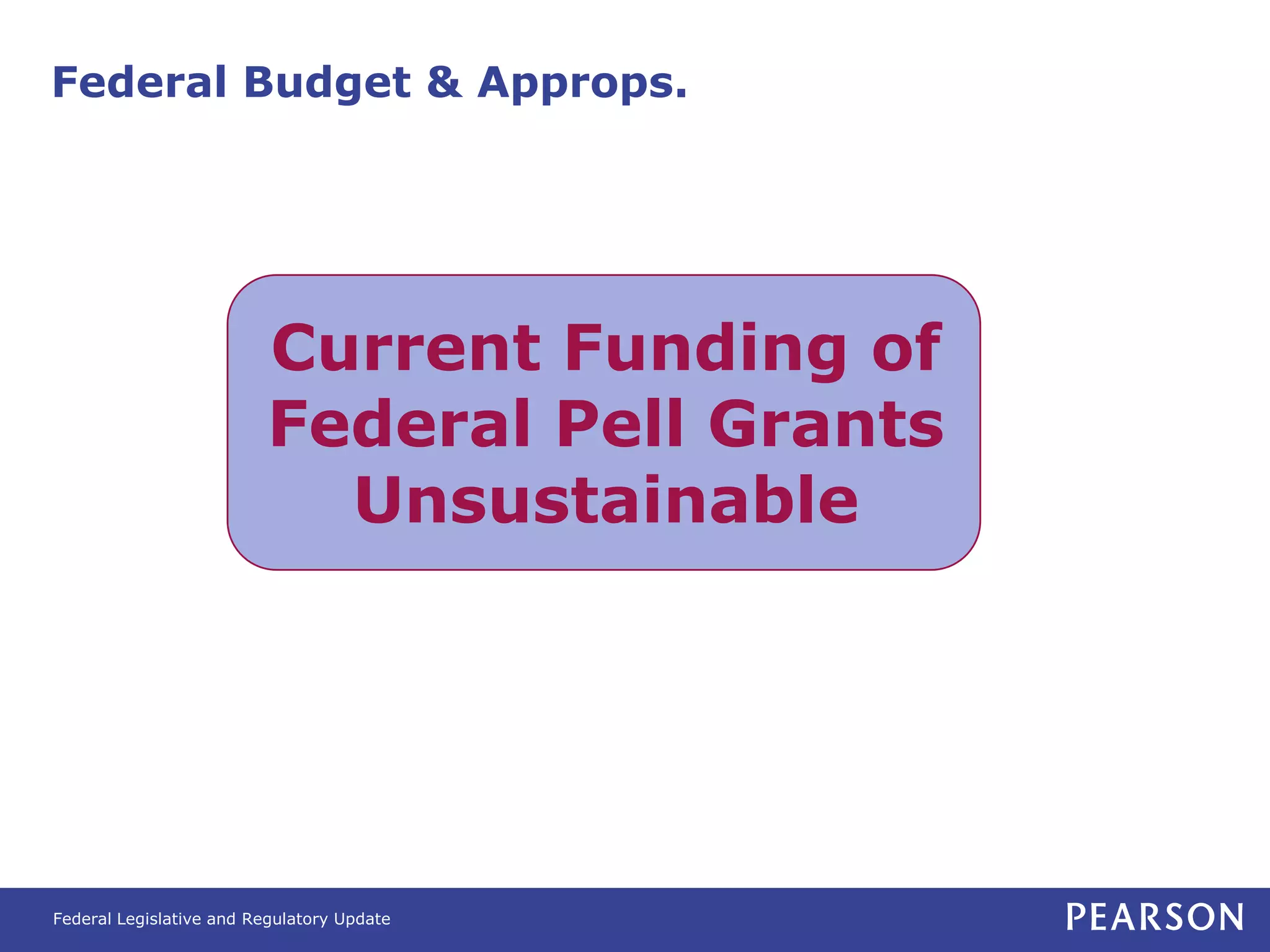 Federal Budget & Approps.




                          Current Funding of
                          Federal Pell Grants
                            Unsustainable




Federal Legislative and Regulatory Update
 