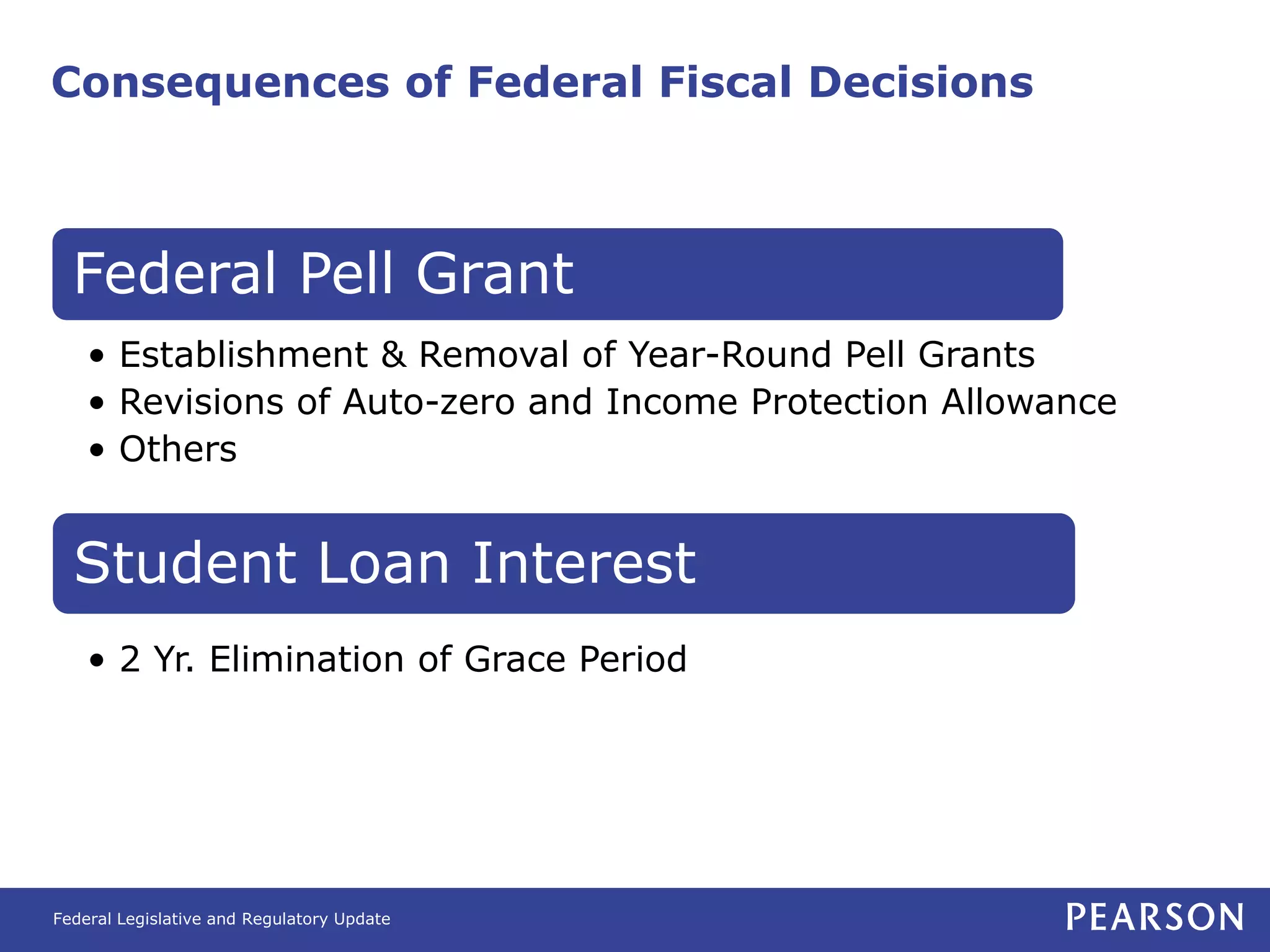 Consequences of Federal Fiscal Decisions



  Federal Pell Grant
    • Establishment & Removal of Year-Round Pell Grants
    • Revisions of Auto-zero and Income Protection Allowance
    • Others


  Student Loan Interest
    • 2 Yr. Elimination of Grace Period




Federal Legislative and Regulatory Update
 