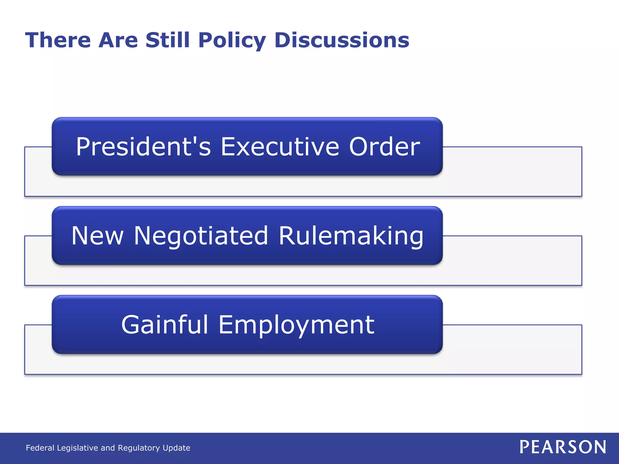 There Are Still Policy Discussions




            President's Executive Order


           New Negotiated Rulemaking


                       Gainful Employment



Federal Legislative and Regulatory Update
 