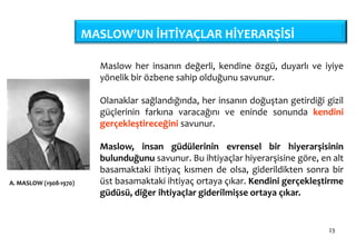 23
MASLOW’UN İHTİYAÇLAR HİYERARŞİSİ
Maslow her insanın değerli, kendine özgü, duyarlı ve iyiye
yönelik bir özbene sahip olduğunu savunur.
Olanaklar sağlandığında, her insanın doğuştan getirdiği gizil
güçlerinin farkına varacağını ve eninde sonunda kendini
gerçekleştireceğini savunur.
Maslow, insan güdülerinin evrensel bir hiyerarşisinin
bulunduğunu savunur. Bu ihtiyaçlar hiyerarşisine göre, en alt
basamaktaki ihtiyaç kısmen de olsa, giderildikten sonra bir
üst basamaktaki ihtiyaç ortaya çıkar. Kendini gerçekleştirme
güdüsü, diğer ihtiyaçlar giderilmişse ortaya çıkar.
A. MASLOW (1908-1970)
 