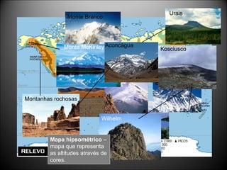 Kilimanjaro  Monte Branco Atlas Montanhas rochosas Elbrus Evereste Aconcágua Monte McKinley  Urais Wilhelm  Kosciusco  Mapa hipsométrico  – mapa que representa as altitudes através de cores. 