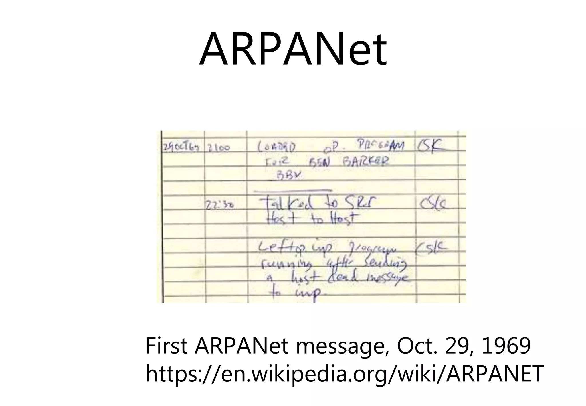 ARPANet
First ARPANet message, Oct. 29, 1969
https://en.wikipedia.org/wiki/ARPANET
 