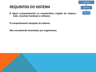 REQUISITOS DO SISTEMA
É algum comportamento ou característica exigido do sistema como um
todo, incluindo hardware e software;
O comportamento desejado do sistema;
São normalmente levantados por engenheiros.
 