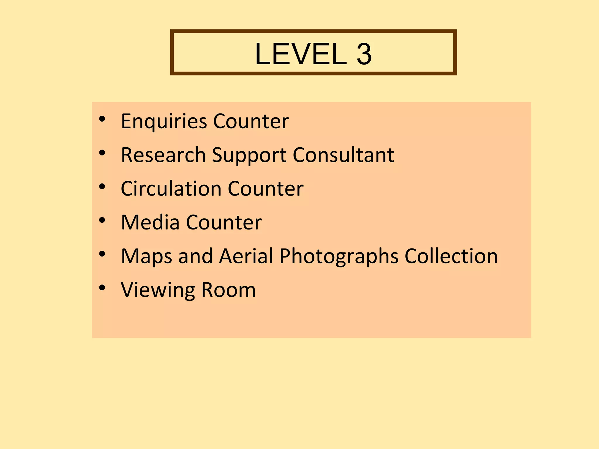LEVEL 3

•   Enquiries Counter
•   Research Support Consultant
•   Circulation Counter
•   Media Counter
•   Maps and Aerial Photographs Collection
•   Viewing Room
 