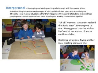 Interpersonal – Developing and valuing working relationships with their peers. When
problem solving students are encouraged to seek the help of their peers and work alongside
different people in group situations rather than independently. Majority of students thrive in these
groupings due to their conversations about learning and working problems out together.
“Uh oh” moment. Alexander realised
that Fadia wasn’t counting one to
one. He suggested that she ‘make a
line’ so that her amount of fences
could match his.
Resilience strategies: Trying another
idea, teaching someone else.
 