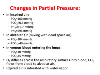 Changes in Partial Pressure:
• In inspired air:
– PO2=160 mmHg
– PCO2=0.3 mmHg
– PH2O=5.7 mmHg
– PN2=596 mmHg
• In alveolar air (mixing with dead space air):
– PO2=104 mmHg
– PCO2=40 mmHg
• In venous blood entering the lungs:
– PO2=40 mmHg
– PCO245 mmHg
• O2 diffuses across the respiratory surfaces into blood, CO2
flows from blood to alveolar air.
• Expired air is saturated with water vapor.
 
