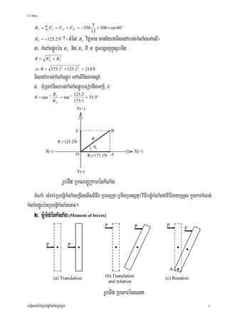 T.Chhay


                                           5
      RY = ∑ FY = F1Y + F2Y = −350           + 300 × sin 60 o
                                          13
      RY = +125.2 N ↑ ¬tMél R viC¢man mann½yfaTisedArbs;kMlaMgeTAelI¦
                                      Y


     3> kMlaMgpÁÜbén R nig R KW R dUcbgðajkñúgrUbTI5
                                  X   Y


      R = R X + RY
            2    2



      ⇒ R = 173.12 + 125.2 2 = 214 N
     TisedArbs;kMlaMgpÁÜb eTAelInigxagsþaM
     4> mMuR)ab;Tisrbs;kMlaMgpÁÜbeFobnwgGkS½ X
                    RY          125.2
     θ = tan −1        = tan −1       = 35.9 o
                    RX          173.1




   cMNaM³ sMrab;RbBn§½kMlaMgeRcInelIsBIBIr RbsBVKña b¤minRbsBVKña viFIbgÁúMkMlaMgCaviFIgayRsYl kñúgkarkMNt;;
kMlaMgpÁÜbénRbBn§½kMlaMgenaH.
     2> m:Um:g;énkMlaMg (Moment of forces)




ers‘ultg;énRbBn§½kMlaMgkñúgbøg;                                                                           5
 