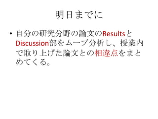 明日までに
• 自分の研究分野の論文のResultsと
  Discussion部をムーブ分析し、授業内
  で取り上げた論文との相違点をまと
  めてくる。
 