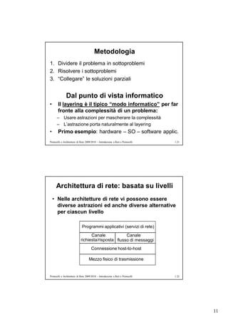 Metodologia
1. Dividere il problema in sottoproblemi
2. Risolvere i sottoproblemi
3. “Collegare” le soluzioni parziali


               Dal punto di vista informatico
•      Il layering è il tipico “modo informatico” per far
       fronte alla complessità di un problema:
      – Usare astrazioni per mascherare la complessità
      – L’astrazione porta naturalmente al layering
•      Primo esempio: hardware – SO – software applic.
Protocolli e Architetture di Rete 2009/2010 – Introduzione a Reti e Protocolli   1.21




     Architettura di rete: basata su livelli
    • Nelle architetture di rete vi possono essere
      diverse astrazioni ed anche diverse alternative
      per ciascun livello

                              Programmi applicativi (servizi di rete)
                                   Canale            Canale
                             richiesta/risposta flusso di messaggi
                                      Connessione host-to-host

                                    Mezzo fisico di trasmissione


Protocolli e Architetture di Rete 2009/2010 – Introduzione a Reti e Protocolli   1.22




                                                                                        11
 