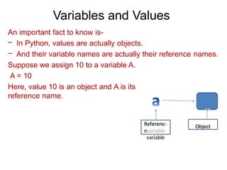 Variables and Values
An important fact to know is-
– In Python, values are actually objects.
– And their variable names are actually their reference names.
Suppose we assign 10 to a variable A.
A = 10
Here, value 10 is an object and A is its
reference name.
10
Referenc
e
variable
Object
 