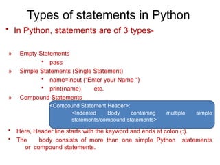 Types of statements in Python
• In Python, statements are of 3 types-
» Empty Statements
• pass
» Simple Statements (Single Statement)
• name=input (“Enter your Name “)
• print(name) etc.
» Compound Statements
<Compound Statement Header>:
multiple simple
<Indented Body containing
statements/compound statements>
• Here, Header line starts with the keyword and ends at colon (:).
• The body consists of more than one simple Python statements
or compound statements.
 
