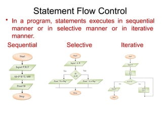 Statement Flow Control
• In a program, statements executes in sequential
manner or in selective manner or in iterative
manner.
Sequential Selective Iterative
 
