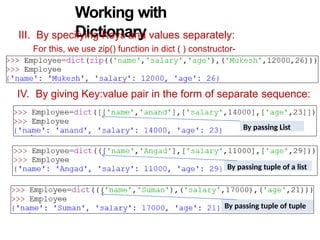 Working with
Dictionary
III. By specifying Keys and values separately:
For this, we use zip() function in dict ( ) constructor-
IV. By giving Key:value pair in the form of separate sequence:
By passing List
By passing tuple of a list
By passing tuple of tuple
 