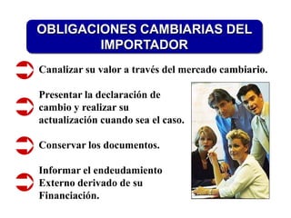 OBLIGACIONES CAMBIARIAS DEL
        IMPORTADOR
Canalizar su valor a través del mercado cambiario.

Presentar la declaración de
cambio y realizar su
actualización cuando sea el caso.

Conservar los documentos.

Informar el endeudamiento
Externo derivado de su
Financiación.
 