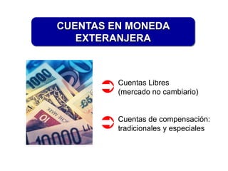 CUENTAS EN MONEDA
   EXTERANJERA



         Cuentas Libres
         (mercado no cambiario)


         Cuentas de compensación:
         tradicionales y especiales
 
