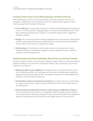 For CIOs
The Forrester Wave™: Enterprise Social Platforms, Q2 2014 3
© 2014, Forrester Research, Inc. Reproduction Prohibi...