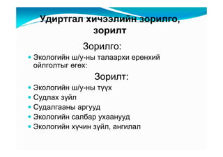 Óäèðòãàë õè÷ýýëèéí çîðèëãî,
           çîðèëò
             Çîðèëãî:
Ýêîëîãèéí ø/ó-íû òàëààðõè åðөíõèé
îéëãîëòûã өãөõ:
                Çîðèëò:
Ýêîëîãèéí ø/ó-íû òүүõ
Ñóäëàõ çүéë
Ñóäàëãààíû àðãóóä
Ýêîëîãèéí ñàëáàð óõààíóóä
Ýêîëîãèéí õү÷èí çүéë, àíãèëàë
 