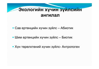 Ýêîëîãèéí õү÷èí çүéëñèéí
          àíãèëàë

Ñàâ åðòөíöèéí õү÷èí çүéëñ – Àáèîòèê

Øèì åðòөíöèéí õү÷èí çүéëñ – Áèîòèê

Õүí òөðөëõòөíèé õү÷èí çүéëñ- Àíòðîïîãåí
 