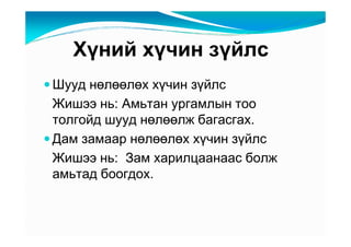 Õүíèé õү÷èí çүéëñ
Øóóä íөëөөëөõ õү÷èí çүéëñ
Æèøýý íü: Àìüòàí óðãàìëûí òîî
òîëãîéä øóóä íөëөөëæ áàãàñãàõ.
Äàì çàìààð íөëөөëөõ õү÷èí çүéëñ
Æèøýý íü: Çàì õàðèëöààíààñ áîëæ
àìüòàä áîîãäîõ.
 