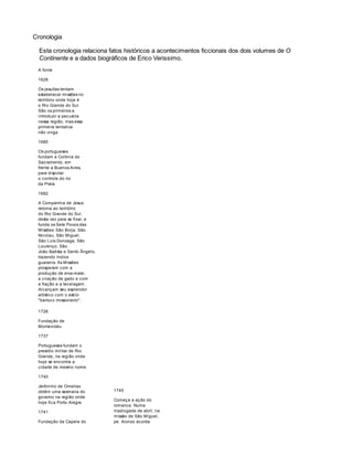 Cronologia 
Esta cronologia relaciona fatos históricos a acontecimentos ficcionais dos dois volumes de O 
Continente e a dados biográficos de Erico Verissimo. 
A fonte 
1626 
Os jesuítas tentam 
estabelecer missões no 
território onde hoje é 
o Rio Grande do Sul. 
São os primeiros a 
introduzir a pecuária 
nessa região, mas essa 
primeira tentativa 
não vinga. 
1680 
Os portugueses 
fundam a Colônia do 
Sacramento, em 
frente a Buenos Aires, 
para disputar 
o controle do rio 
da Prata. 
1682 
A Companhia de Jesus 
retorna ao território 
do Rio Grande do Sul, 
desta vez para se fixar, e 
funda os Sete Povos das 
Missões: São Borja, São 
Nicolau, São Miguel, 
São Luís Gonzaga, São 
Lourenço, São 
João Batista e Santo Ângelo, 
trazendo índios 
guaranis. As Missões 
prosperam com a 
produção de erva-mate, 
a criação de gado e com 
a fiação e a tecelagem. 
Alcançam seu esplendor 
artístico com o estilo 
"barroco missioneiro". 
1726 
Fundação de 
Montevidéu 
1737 
Portugueses fundam o 
presídio militar de Rio 
Grande, na região onde 
hoje se encontra a 
cidade de mesmo nome. 
1740 
Jerônimo de Ornellas 
obtém uma sesmaria do 
1745 
governo na região onde 
hoje fica Porto Alegre. 
Começa a ação do 
romance. Numa 
1741 
madrugada de abril, na 
missão de São Miguel, 
Fundação da Capela do 
pe. Alonzo acorda 
 