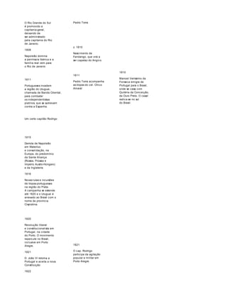 O Rio Grande do Sul 
é promovido a 
capitania-geral, 
deixando de 
ser administrado 
pela capitania do Rio 
de Janeiro. 
1808 
Napoleão domina 
a península Ibérica e a 
família real vem para 
o Rio de Janeiro 
Pedro Terra 
c. 1810 
Nascimento de 
Fandango, que virá a 
ser capataz do Angico 
1811 
Portugueses invadem 
a região do Uruguai, 
chamada de Banda Oriental, 
para combater 
os independentistas 
platinos, que se sublevam 
contra a Espanha. 
Um certo capitão Rodrigo 
1815 
Derrota de Napoleão 
em Waterloo 
e consolidação, na 
Europa, do predomínio 
da Santa Aliança 
(Rússia, Prússia e 
Império Austro-Húngaro) 
e da Inglaterra. 
1816 
Novas lutas e incursões 
de tropas portuguesas 
na região do Prata. 
A campanha se estende 
até 1820 e o Uruguai é 
anexado ao Brasil com o 
nome de província 
Cisplatina. 
1811 
Pedro Terra acompanha 
as tropas do cel. Chico 
Amaral 
1810 
Manoel Verissimo da 
Fonseca emigra de 
Portugal para o Brasil, 
onde se casa com 
Quitéria da Conceição, 
de Ouro Preto. O casal 
radica-se no sul 
do Brasil. 
1820 
Revolução liberal 
e constitucionalista em 
Portugal, na cidade 
do Porto. O movimento 
repercute no Brasil, 
inclusive em Porto 
Alegre. 
1821 
D. João VI retorna a 
Portugal e aceita a nova 
Constituição 
1822 
1821 
O cap. Rodrigo 
participa da agitação 
popular e militar em 
Porto Alegre. 
 