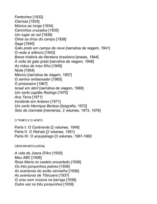Fantoches [1932] 
Clarissa [1933] 
Música ao longe [1934] 
Caminhos cruzados [1935] 
Um lugar ao sol [1936] 
Olhai os lírios do campo [1938] 
Saga [1940] 
Gato preto em campo de neve [narrativa de viagem, 1941] 
O resto é silêncio [1943] 
Breve história da literatura brasileira [ensaio, 1944] 
A volta do gato preto [narrativa de viagem, 1946] 
As mãos de meu filho [1948] 
Noite [1954] 
México [narrativa de viagem, 1957] 
O senhor embaixador [1965] 
O prisioneiro [1967] 
Israel em abril [narrativa de viagem, 1969] 
Um certo capitão Rodrigo [1970] 
Ana Terra [1971] 
Incidente em Antares [1971] 
Um certo Henrique Bertaso [biografia, 1972] 
Solo de clarineta [memórias, 2 volumes, 1973, 1976] 
O TEMPO E O VENTO 
Parte I: O Continente [2 volumes, 1949] 
Parte II: O Retrato [2 volumes, 1951] 
Parte III: O arquipélago [3 volumes, 1961-1962 
OBRA INFANTOJUVENIL 
A vida de Joana D'Arc [1935] 
Meu ABC [1936] 
Rosa Maria no castelo encantado [1936] 
Os três porquinhos pobres [1936] 
As aventuras do avião vermelho [1936] 
As aventuras de Tibicuera [1937] 
O urso com música na barriga [1938] 
Outra vez os três porquinhos [1939] 
 