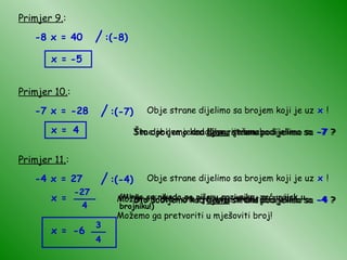 Primjer 9. : -8 x = 40 -5 x = Primjer 10. : -7 x = -28 Obje strane dijelimo sa brojem koji je uz  x  ! Što dobijemo kad  lijevu  stranu podijelimo sa  -7  ? x = Što dobijemo kad  desnu  stranu podijelimo sa  -7  ? 4 Time je ova jednadžba riješena! Primjer 11. : -4 x = 27 Obje strane dijelimo sa brojem koji je uz  x  ! Što dobijemo kad  lijevu  stranu podijelimo sa  -4  ? x = Što dobijemo kad  desnu  stranu podijelimo sa  -4  ? Možemo li dobiveno rješenje srediti? Možemo ga pretvoriti u mješoviti broj! x = 3 4 (Minus se nikada ne piše u nazivniku, već uvijek u brojniku!) / :(-8) / :(-7) / :(-4) -27 4 ___ -6 __ 
