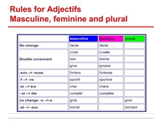 Rules for Adjectifs
Masculine, feminine and plural
 