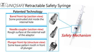 Barrel front tip (section view)
Some protruded slot inside the
internal hole
Needle coupler (section view)
Rough surface at the external wall
of the adaptor
Plunger front tip (structure view)
Some leave pattern tooth in front
of plunger
Patented Technology
Safety Mechanism
UNIQSAFE Retractable Safety Syringe
 