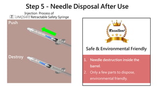Step 5 - Needle Disposal After Use
1. Needle destruction inside the
barrel.
2. Only a few parts to dispose,
environmental friendly.
Safe & Environmental Friendly
Push
Destroy
Injection Process of
UNIQSAFE Retractable Safety Syringe
 
