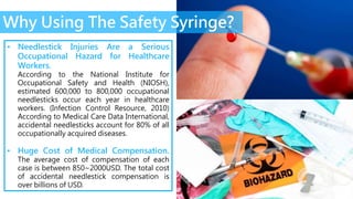 Why Using The Safety Syringe?
• Needlestick Injuries Are a Serious
Occupational Hazard for Healthcare
Workers.
According to the National Institute for
Occupational Safety and Health (NIOSH),
estimated 600,000 to 800,000 occupational
needlesticks occur each year in healthcare
workers. (Infection Control Resource, 2010)
According to Medical Care Data International,
accidental needlesticks account for 80% of all
occupationally acquired diseases.
• Huge Cost of Medical Compensation.
The average cost of compensation of each
case is between 850~2000USD. The total cost
of accidental needlestick compensation is
over billions of USD.
 