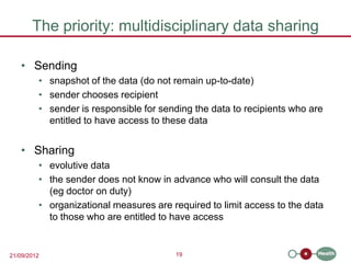 The priority: multidisciplinary data sharing

   • Sending
         • snapshot of the data (do not remain up-to-date)
         • sender chooses recipient
         • sender is responsible for sending the data to recipients who are
           entitled to have access to these data


   • Sharing
         • evolutive data
         • the sender does not know in advance who will consult the data
           (eg doctor on duty)
         • organizational measures are required to limit access to the data
           to those who are entitled to have access


21/09/2012                              19
 